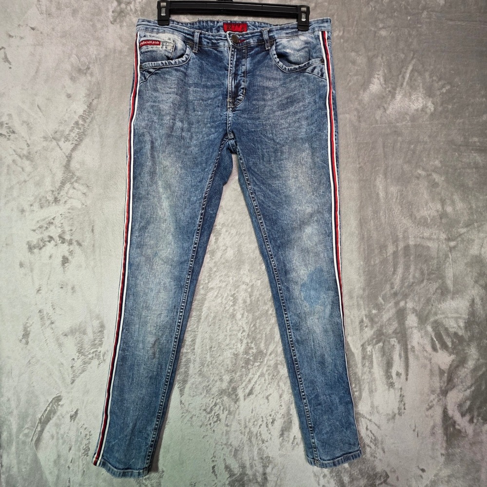 DNMX Skinny Jeans Mens 36 Medium Blue Acid Wash Side Stripe Denim